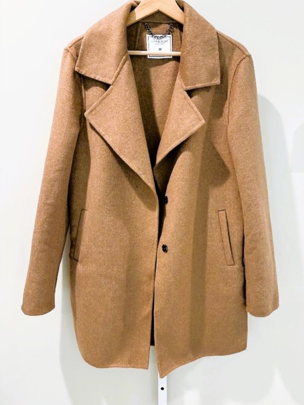 Belle & Bloom Camel Wool Blend Snap Front Coat Tan Jacket Minimalist Women's M - Picture 3 of 9
